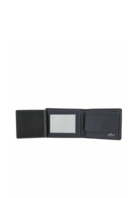 Portefeuille trifold en cuir noir ouvert, montrant une fenêtre d’identité claire, une poche à pièces avec rabat et des emplacements pour cartes sur fond blanc uni.