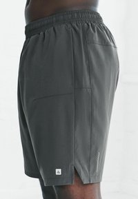 Ciemnoszare szorty wykonane z lekkiego materiału. Posiadają elastyczny pas, kieszenie boczne oraz małą metkę z logo. Po bokach mają perforowaną teksturę.