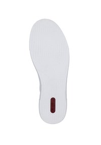 Semelle de chaussure en caoutchouc blanc avec un motif de chevron, présentant un logo rouge au centre et des indications de taille. Texture lisse avec une forme arrondie.