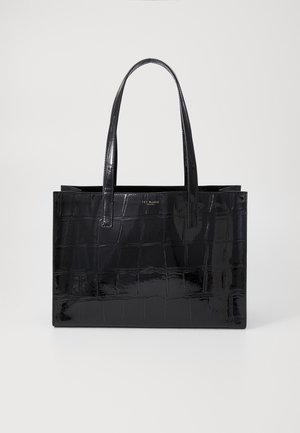Black patent tote bag with a crocodile texture, featuring two long handles and a rectangular shape. Minimalist design with no visible hardware.