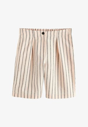 Beige Shorts mit dünnen vertikalen schwarzen Streifen, vorne plissiert, elastischem Bund hinten und schwarzer Knopfverschluss vorne in der Mitte.