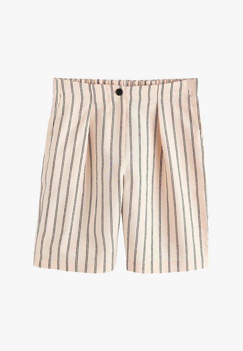 Short beige avec fines rayures verticales noires, devant plissé, taille élastique au dos, et fermeture à bouton noir au centre avant.