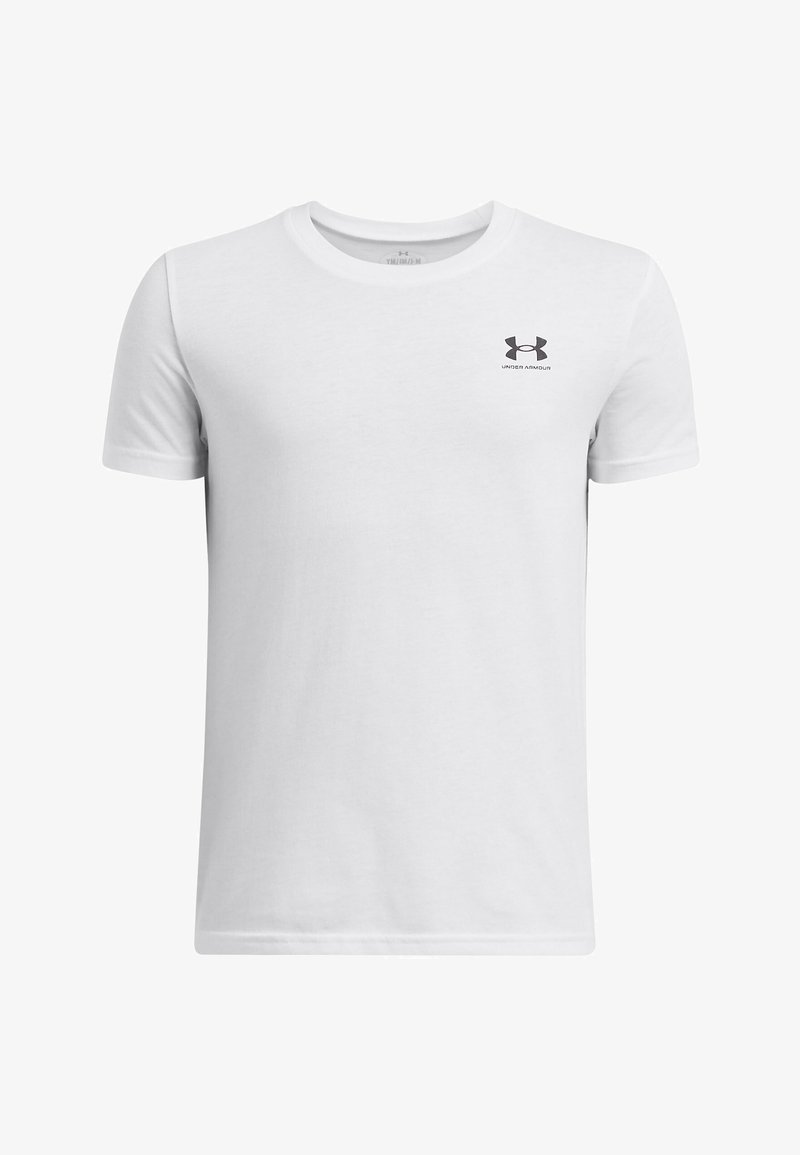 Balta medvilnė marškinėliai su apvaliu kaklu ir trumpomis rankovėmis. Ant kairiojo krūtinės yra mažas juodas "Under Armour" logotipas. Sklandus paviršius.