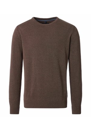 Brauner Strickpullover mit Rundhalsausschnitt, langen Ärmeln sowie gerippten Bündchen an Ärmeln und Saum. Glatte Textur mit seitlichen Schlitzen für mehr Bewegungsfreiheit.