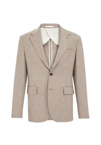 Beige tweed jakk, millel on sisselõigatud krae, üks must nupp, kaks esikotid ja kontrastne valge sisekrae.