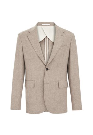 Beige tweed jakk, millel on sisselõigatud krae, üks must nupp, kaks esikotid ja kontrastne valge sisekrae.