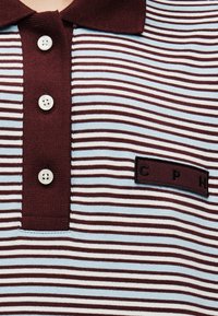 Gros plan sur un polo rayé bordeaux et blanc avec trois boutons blancs et un écusson bordeaux marqué "CPH" sur la poitrine.