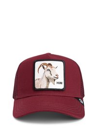 Red cap with a mesh back, featuring a square patch displaying an embroidered goat and the word "HIM" below the image.