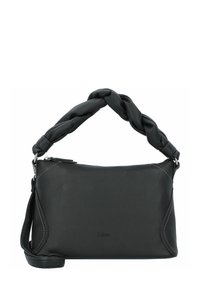 Borsa a tracolla nera in pelle con manico intrecciato, cuciture laterali e tracolla rimovibile. Presenta una chiusura a zip e una finitura testurizzata.