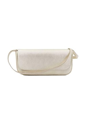 Rectangular metallic silver clutch bag with flap closure and thin shoulder strap, displayed against a white background.