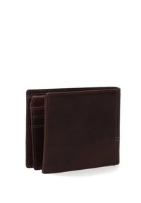 Hnědá kožená bifold peněženka s hladkým povrchem, nabízející více slotů na karty a jednoduchý, minimalistický design.