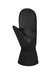 Schwarze wasserdichte Handschuhe mit einer Lederhandfläche und strukturierten Oberflächen, elastischem Bündchen und einem genähten Design für verbesserten Griff.