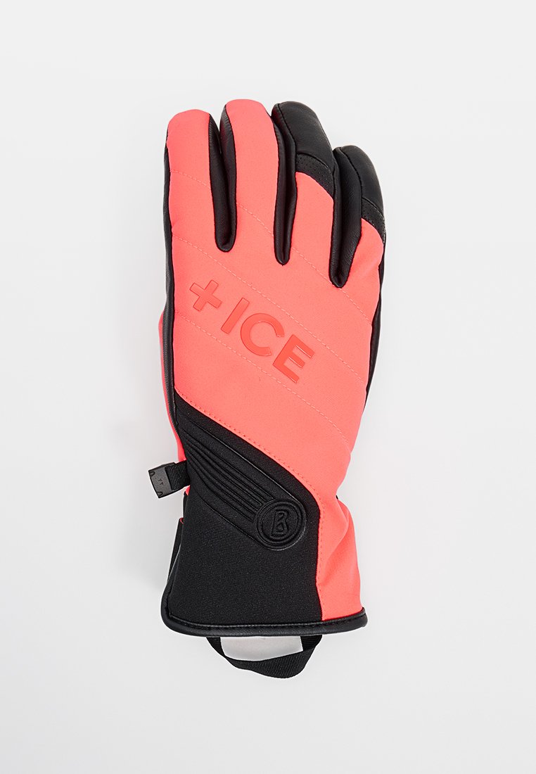 Gant isolé corail et noir avec extérieur rembourré, finition texturée et inscription +ICE au dos. Sangle de poignet ajustable incluse.