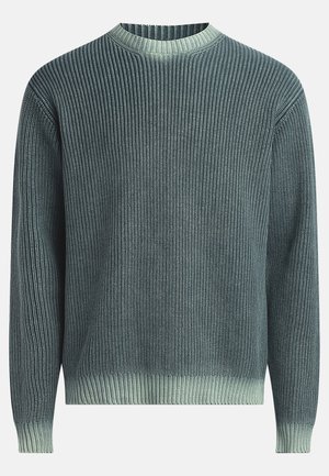 Knitted sweater in gradient blue-green tones, featuring ribbed texture, round neck, and ribbed cuffs and hem.