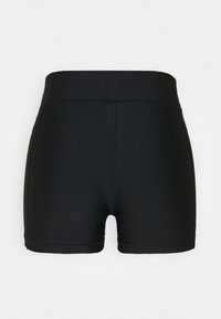 Shorts de sport noirs en tissu extensible, avec une taille haute, une coupe ajustée et une texture lisse. Pas de motifs ni d'accents visibles.