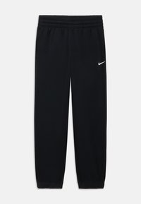 Pantaloni da jogging neri Nike con vita elasticizzata, orli a costina e logo bianco sulla parte superiore della gamba sinistra. Tessuto morbido al tatto.