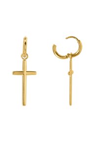 Gullige hoops med en flat, vertikal krosscharm med en glatt finish. Designet inkluderer sirkulære og lineære elementer.