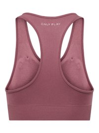 Lilla racerback sport-BH med sømløst design og "ONLY PLAY"-logo på øvre rygg, bred elastisk kant nederst.