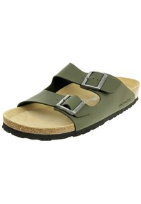 Sandali verdi con due cinturini regolabili a fibbia. Suola in sughero e resistente battistrada in gomma nera. Superficie liscia e opaca.