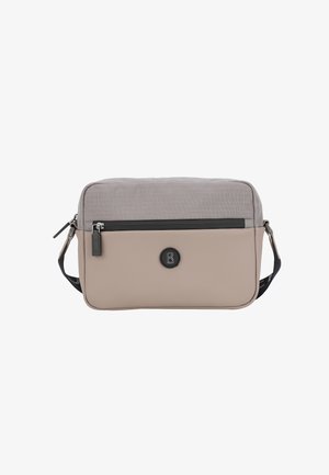 Borsa a tracolla beige e grigia con parte superiore texturizzata, parte inferiore liscia, tasca frontale con zip e tracolla regolabile. Presenta un dettaglio con logo.