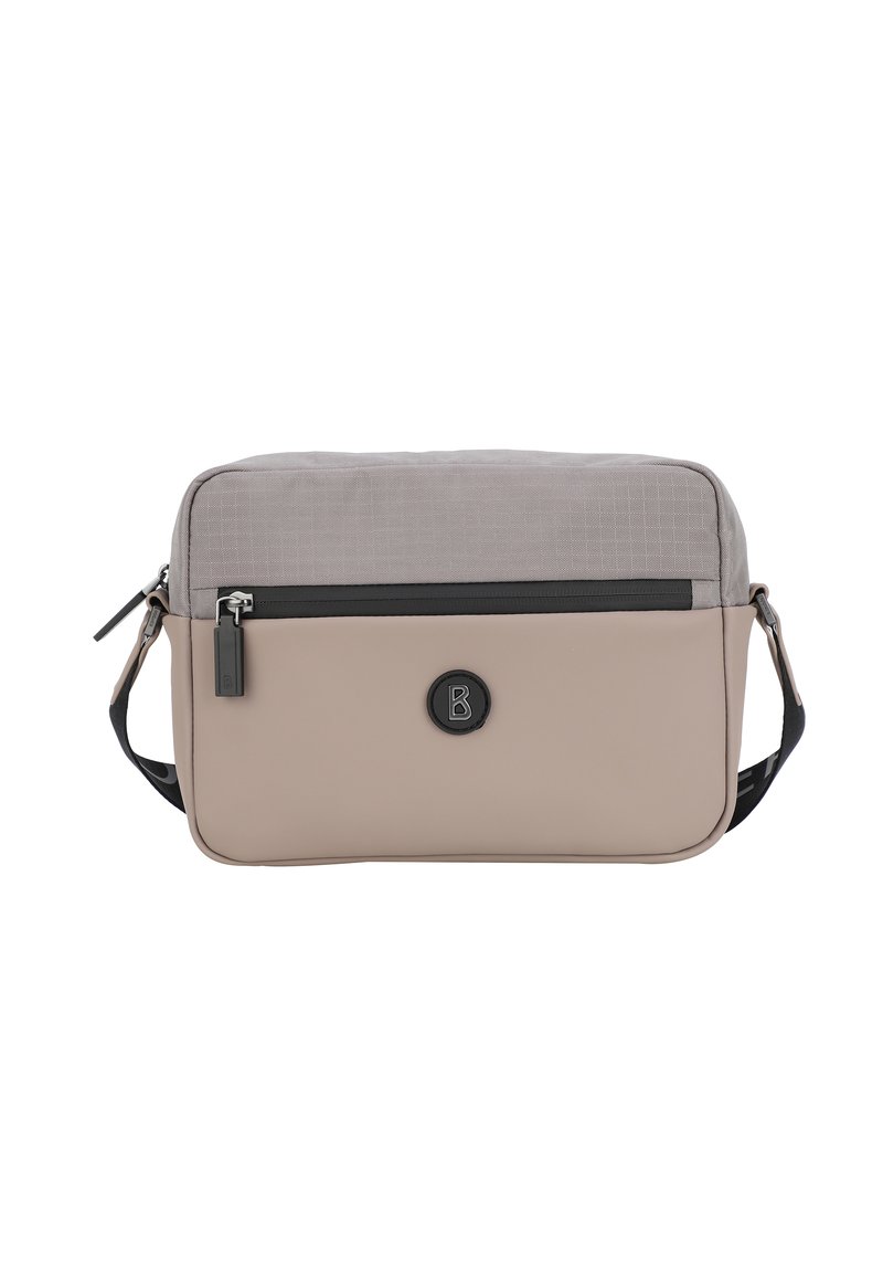 Borsa a tracolla beige e grigia con parte superiore texturizzata, parte inferiore liscia, tasca frontale con zip e tracolla regolabile. Presenta un dettaglio con logo.