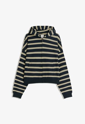 Sweat à zip navy avec des rayures horizontales crème, poches kangourou, et un bord-côte en bas et aux poignets. Le tissu est doux avec une texture lisse.