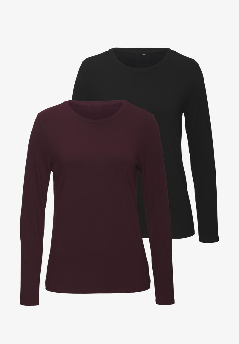 Langarmshirts in Schwarz und Burgunderrot mit Rundhalskragen und weichem, glattem Stoff. Die Shirts haben eine taillierte Passform.