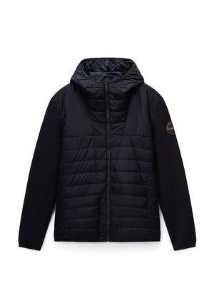 Black jacket featuring a quilted front, smooth fabric on shoulders, and a zippered closure with a hood. Includes a circular logo on the sleeve.