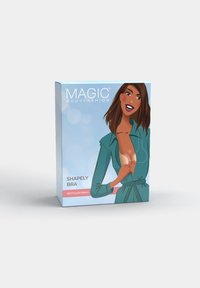 Magic Bodyfashion formende bh-emballage med illustration af kvinde iført en rygfri bh under en teal kjole.