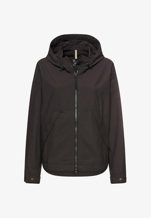 Sort hættejakke med frontlynlås, snøre i hætten, sidelommer og manchetter med knapper.