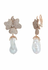 Rose gold earrings featuring a flower design adorned with small clear stones and hanging irregular white pearls. Measures approximately 2.5 inches.