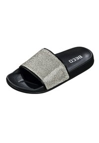 Sandale noire à glissière avec une large lanière embellie de strass argentés. Semelle intérieure texturée et semelle extérieure en caoutchouc lisse. Logo de la marque sur la semelle intérieure.