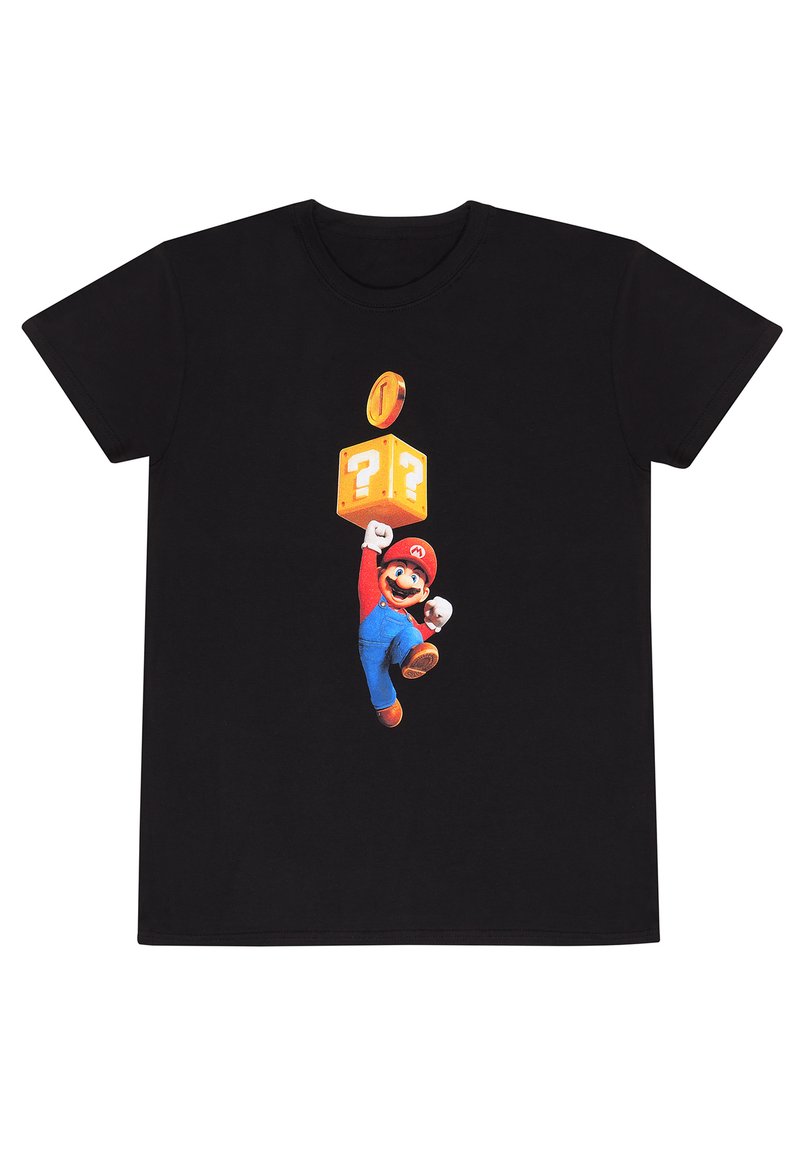Schwarzes Baumwoll-T-Shirt mit einem bunten Grafikdesign eines Charakters, der springt, mit einem Frageblock und einer Goldmünze darüber, zentriert auf der Vorderseite.