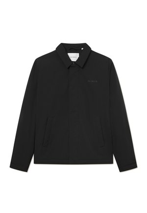 Black lightweight jacket with a collared neckline, front button closure, and two side pockets. Features a subtle logo on the chest.