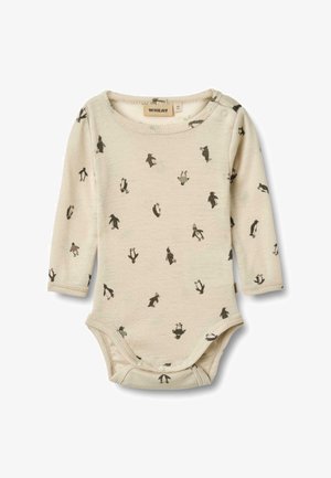 Světle béžový dětský body s dlouhými rukávy, se vzorem tučných tučňáků v tmavě hnědé barvě. Snapsový uzávěr na rameni a ve spodní části.