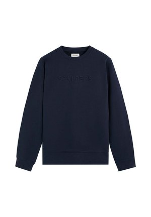 Sudadera azul marino de algodón, con cuello redondo, mangas largas y logo en relieve en el frente. Textura suave con puños acanalados.