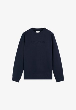 Sudadera azul marino de algodón, con cuello redondo, mangas largas y logo en relieve en el frente. Textura suave con puños acanalados.