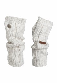 Gehaakte vingerloze handschoenen in off-white, met een textuurpatroon en een polsmanchet. Inclusief een duimopening en een klein leren accent met merk.