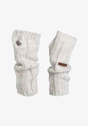 Knit fingerless gloves in off-white, featuring a textured pattern and a wrist cuff. Includes a thumb hole and small branded leather accent.