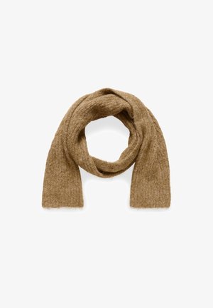 Brauner, strukturierter Schal aus weichem Material, in langer rechteckiger Form mit leicht ausgefransten Kanten. Keine Muster oder Hardware-Details.