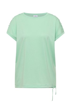 Hellgrünes Kurzarmshirt mit gerafften Schulterdetails und verstellbarem Kordelzug am unteren Saum, Rundhalsausschnitt.