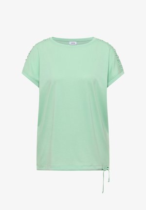 Camicia verde chiaro a maniche corte con dettagli arricciati sulle spalle e coulisse regolabile nell'orlo inferiore, scollo tondo.
