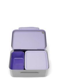Graue lunchbox mit einem lila Silikondeckel; enthält ein rechteckiges Fach und einen kleineren quadratischen Behälter; glatte Oberfläche.