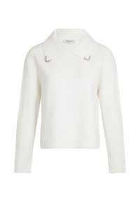 Maglione bianco con collo a collare, caratterizzato da dettagli in metallo argentato sul colletto. Realizzato in materiale morbido con polsini e orlo a coste.