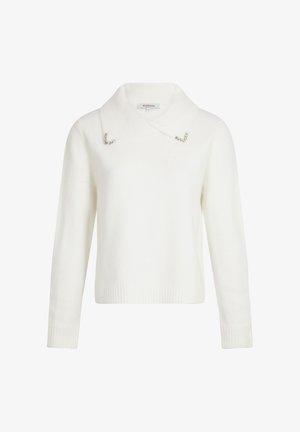 Witte trui met een kraag, voorzien van zilveren hardware accenten op de kraag. Gemaakt van zacht materiaal met geribbelde manchetten en boord.