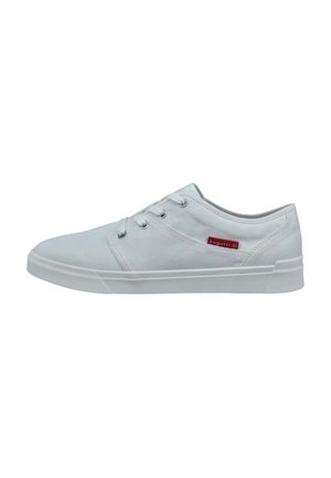 White canvas sneaker with a low profile, lace-up design, rubber sole, and a small red logo on the side. Smooth texture, minimalist style.