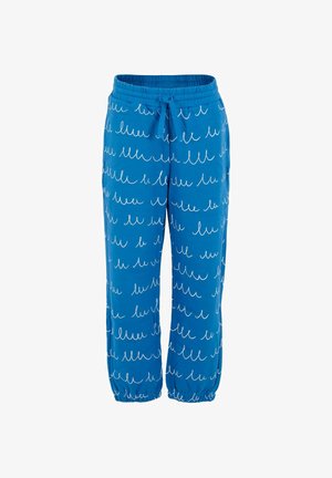 Blauwe elastische broek met witte abstracte krulpatronen, een trekkoord, zijzakken en elastische boorden bij de enkels.
