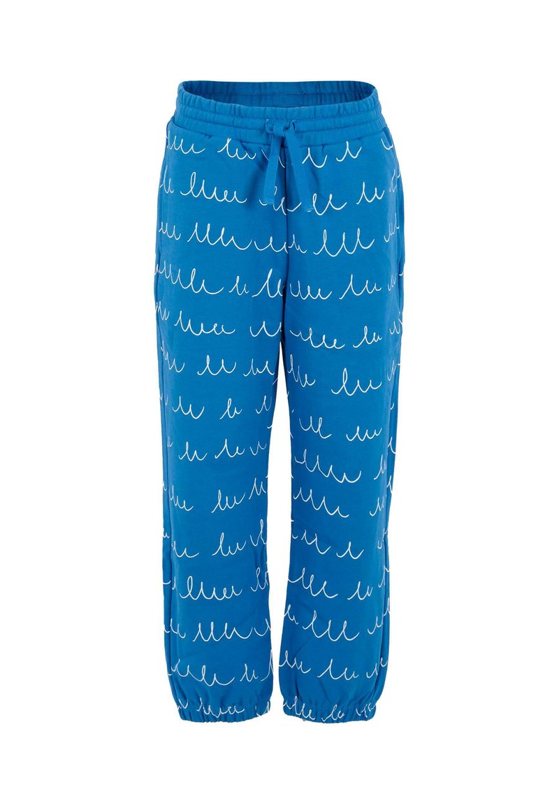 Pantaloni blu con vita elasticizzata, decorati con motivi astratti a onde bianche, con laccio di regolazione, tasche laterali e polsini elasticizzati alla caviglia.