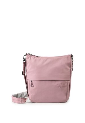 Borsa a tracolla rosa con tracolla regolabile, tasca frontale con zip e logo in rilievo "a/u" su uno sfondo bianco pulito.