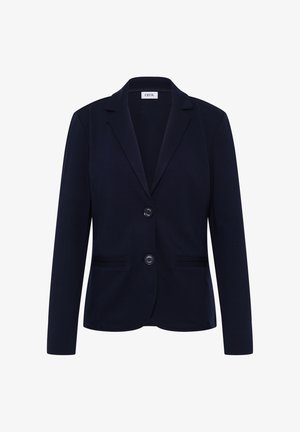 Navyblauwe damesblazer met schouderkleppen, twee voorste knopen en twee horizontale voorzakken, weergegeven op een witte achtergrond.